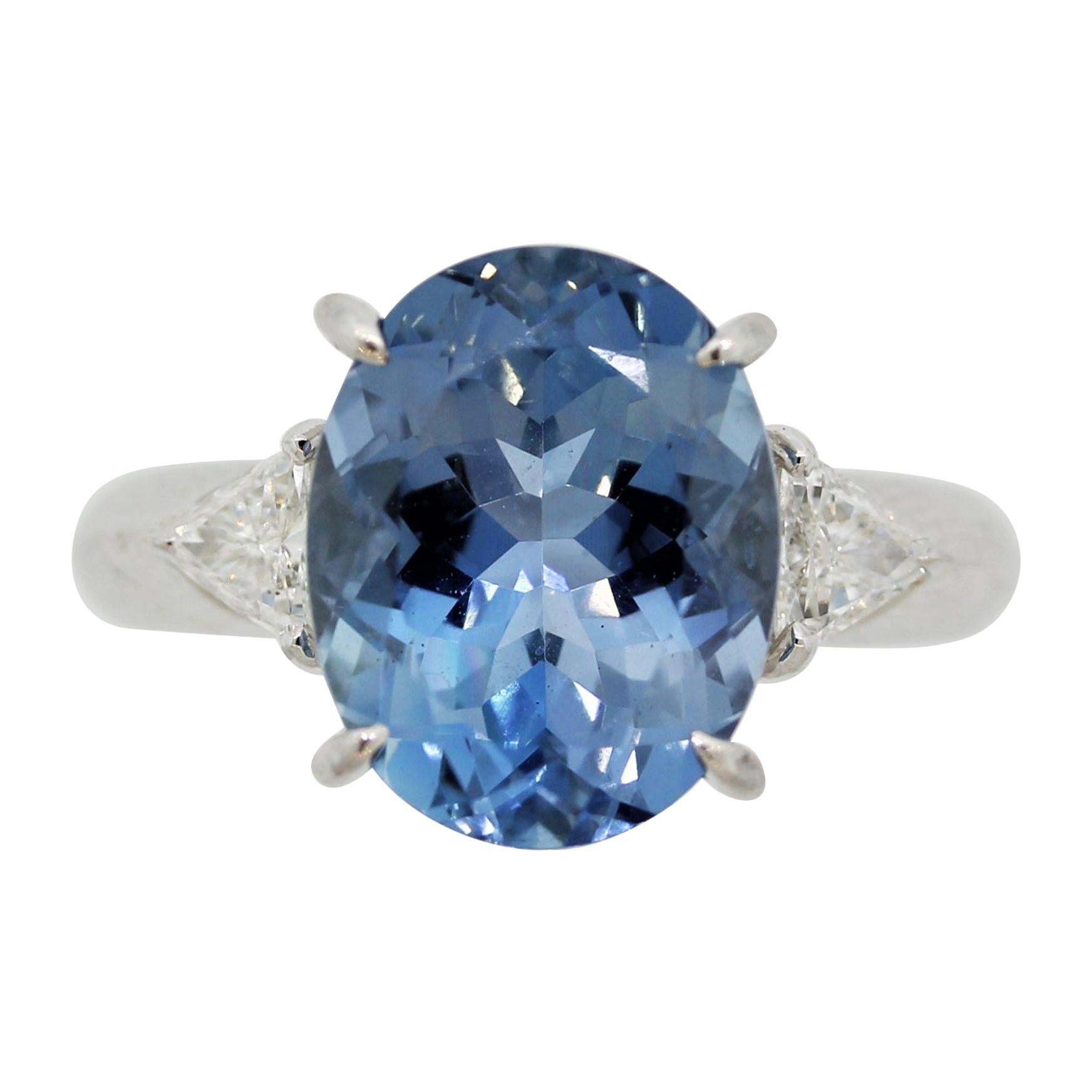 Gem Aquamarine Diamond Platinum 3-Stone Ring For Sale