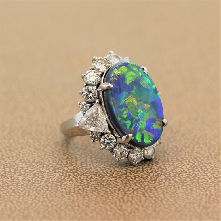 Gem Australian Black Opal Diamond Platinum Ring For Sale at 1stDibs