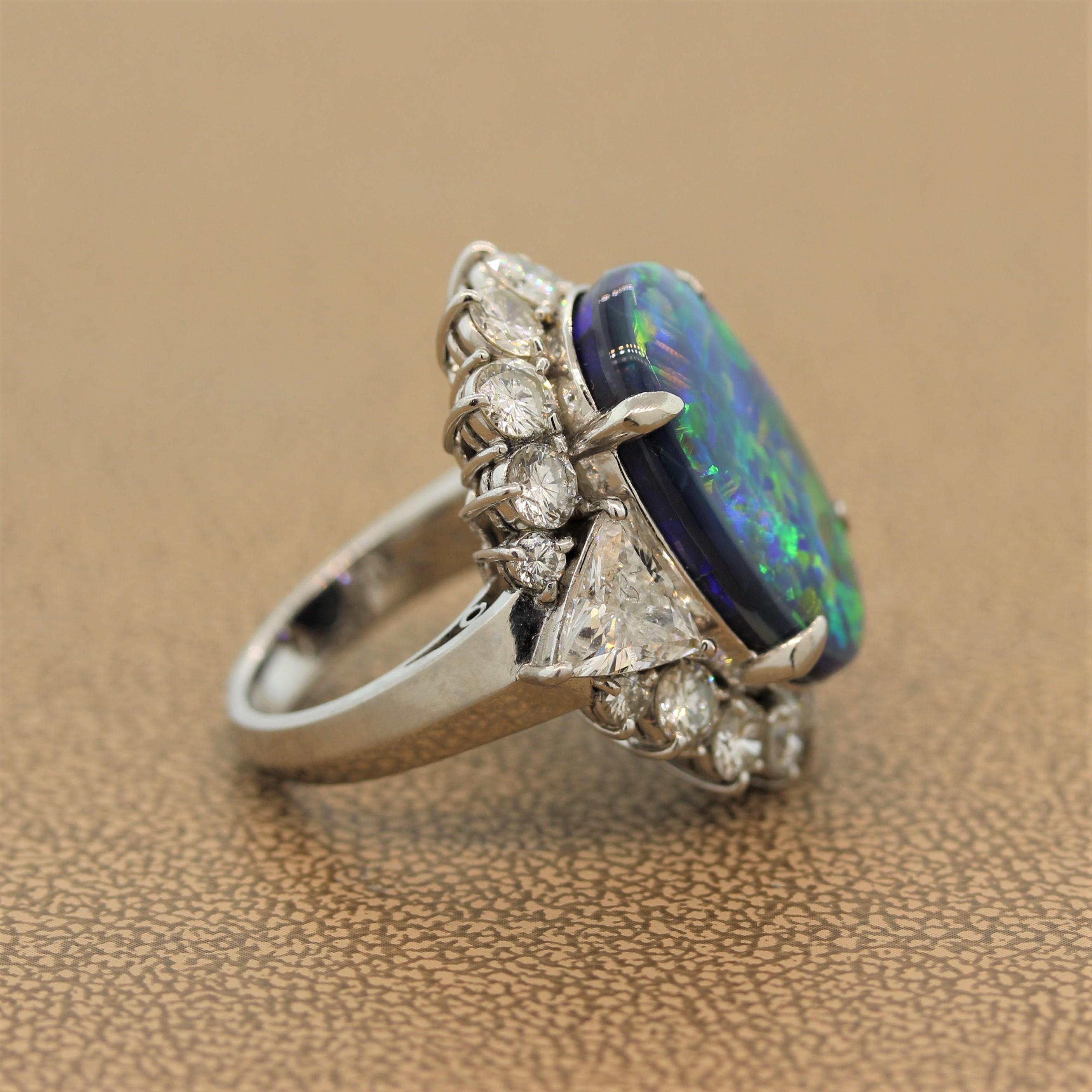Oval Cut Gem Australian Black Opal Diamond Platinum Ring For Sale
