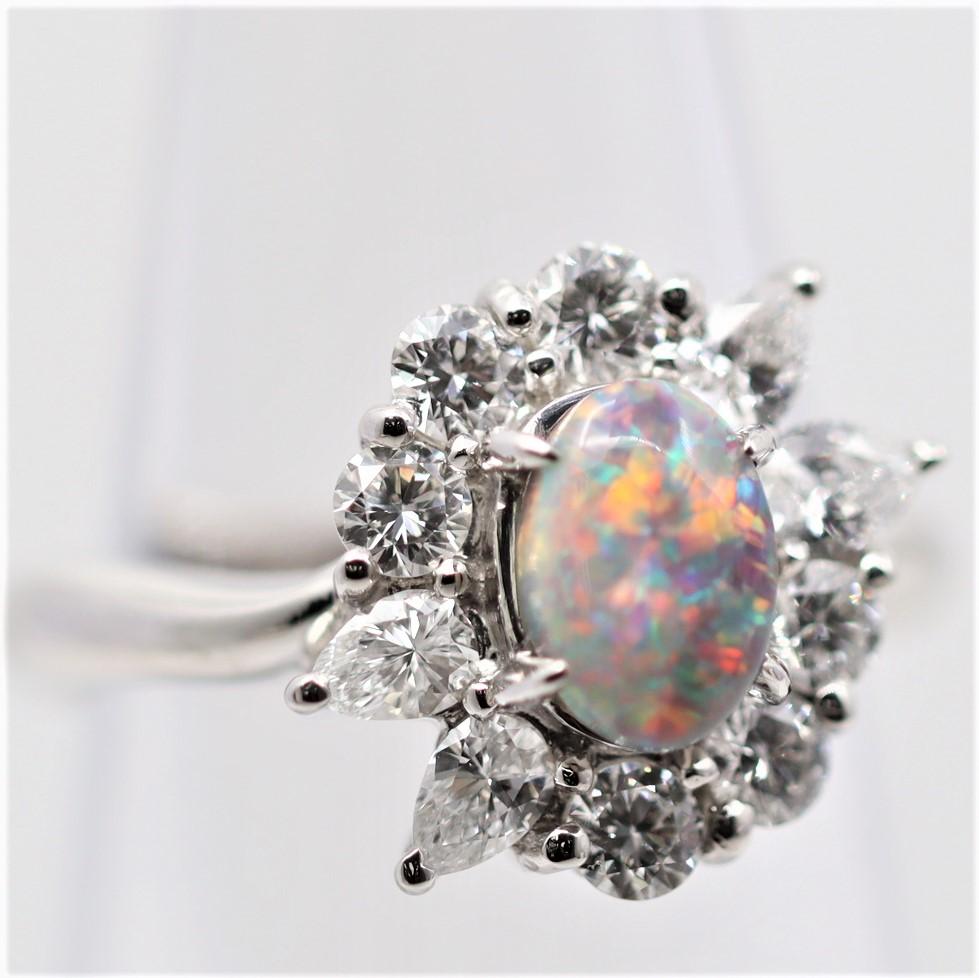 Gem Australian Black Opal Diamond Platinum Ring In New Condition For Sale In Beverly Hills, CA