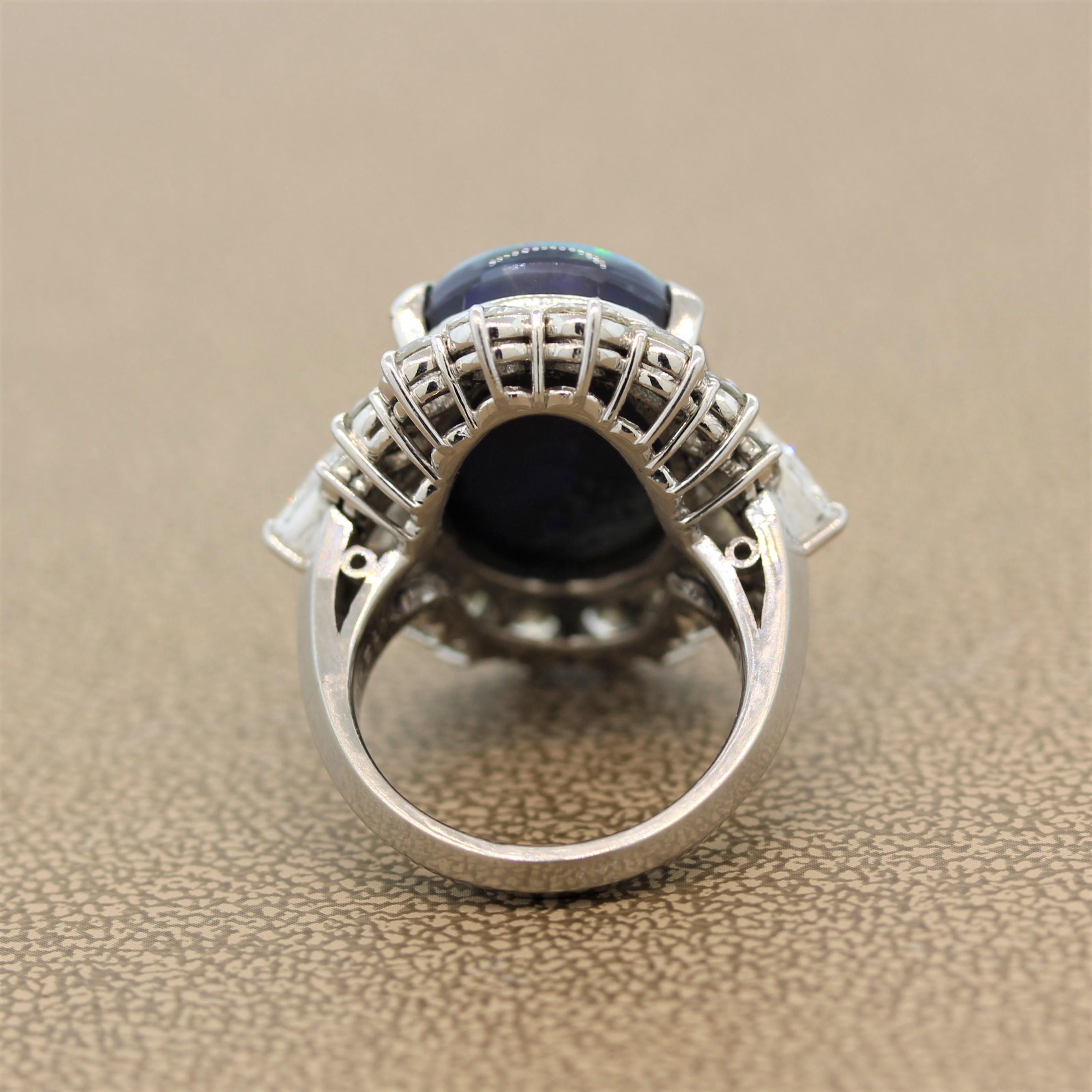 Gem Australian Black Opal Diamond Platinum Ring In New Condition For Sale In Beverly Hills, CA