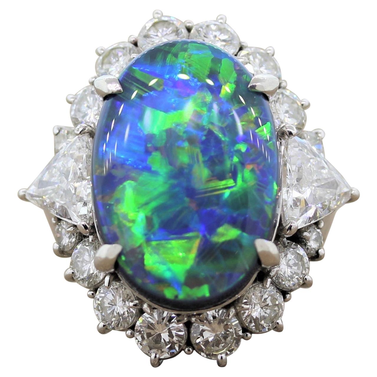 Gem Australian Black Opal Diamond Platinum Ring For Sale