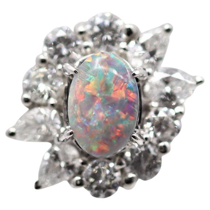 Gem Australian Black Opal Diamond Platinum Ring