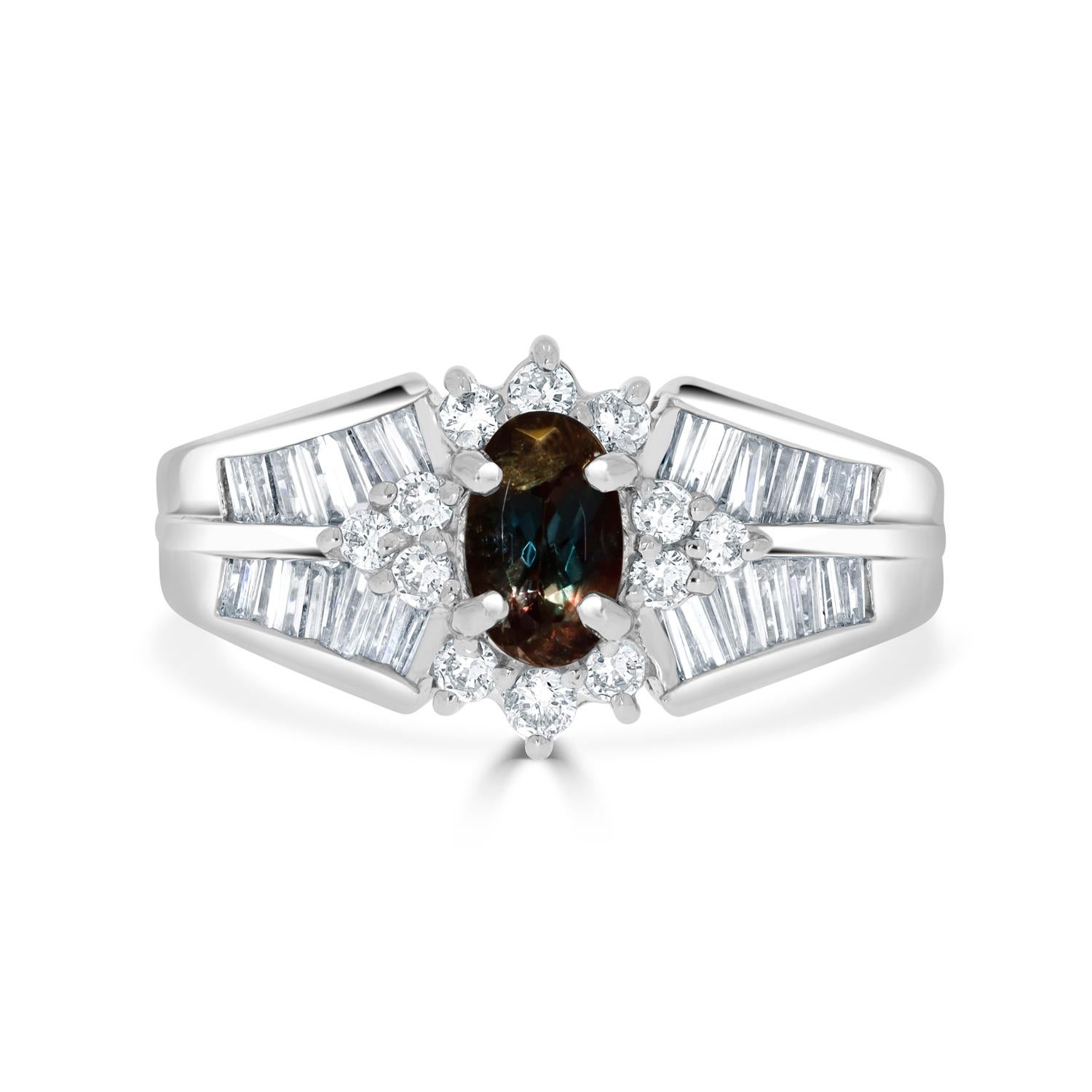 For An Endless Stylish Look, This Ring Is Styled With Pt 950 Platinum Featuring An Eye-catching Oval-cut Alexandrite In The Center. The Luxurious Shine Of The 40 Round And Baguette-cut Diamonds That Surround The Gemstone Exudes Magical Allure.
