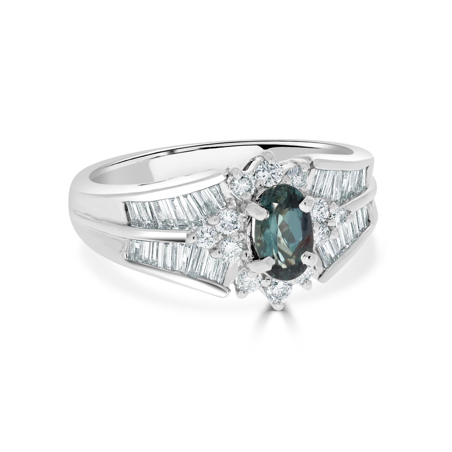 Oval Cut Gem Bleu 0.77ct Alexandrite with 0.65 Tct Diamonds Set in Pt950 Platinum For Sale