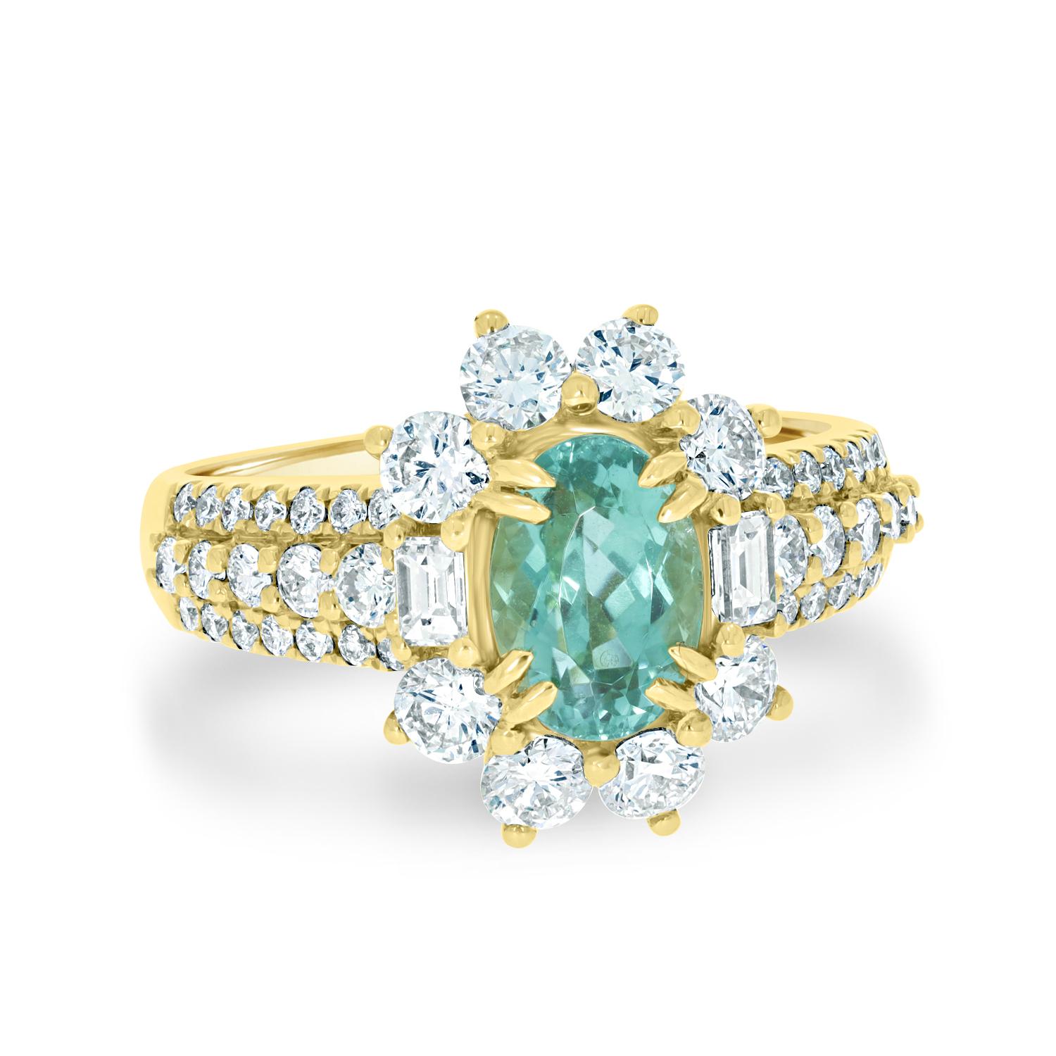Oval Cut Gem Bleu 1.49ct Paraiba with 1.45tct Diamonds Set in 18kt Yellow Gold For Sale