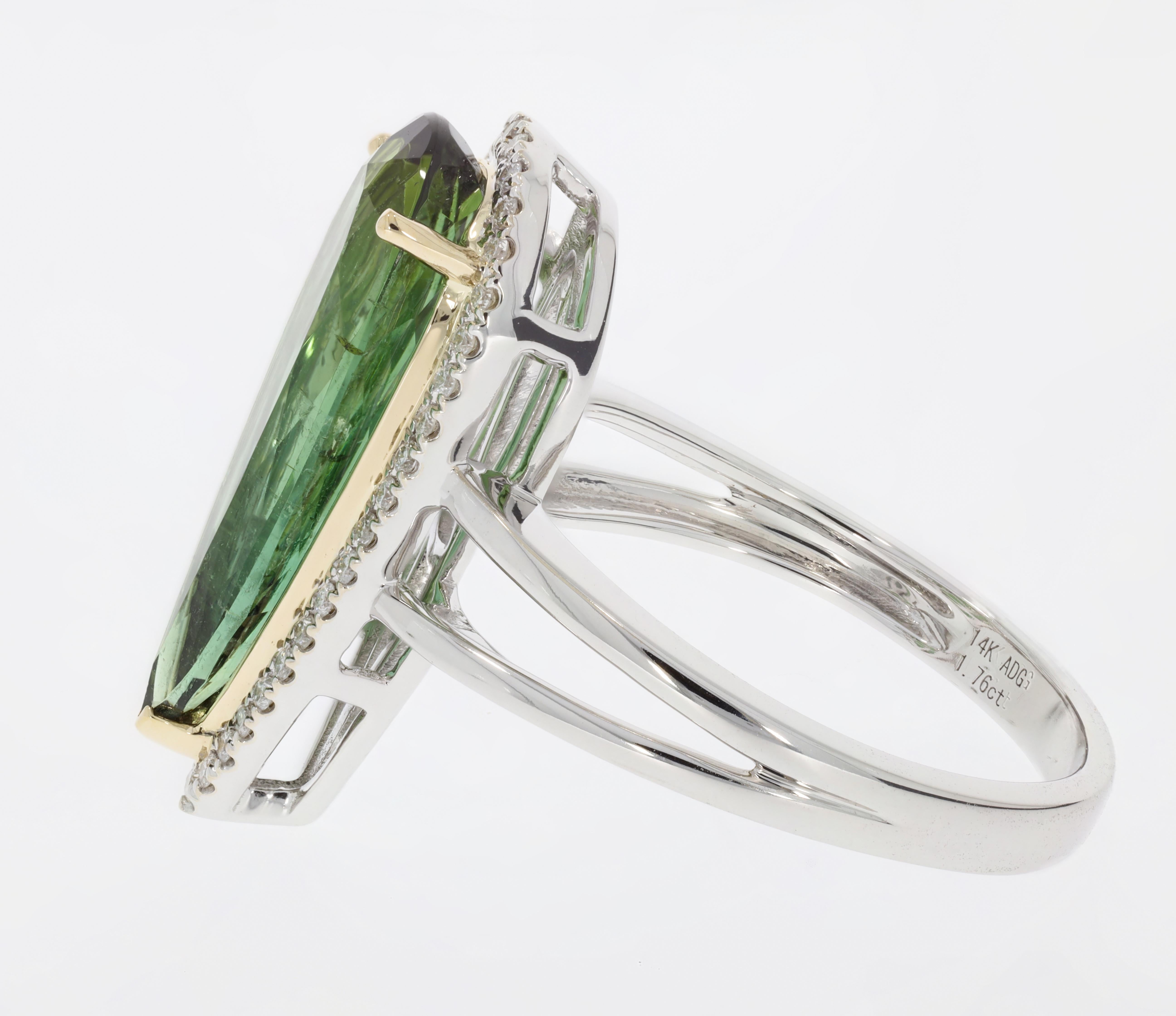 This bright green Tourmaline is reminiscent of Mozambique Paraiba Tourmaline, with its vibrant color and magnificent cutting. The gorgeous ring is accented with 0.15 ct of Diamonds and set in two-tone white and yellow gold. 