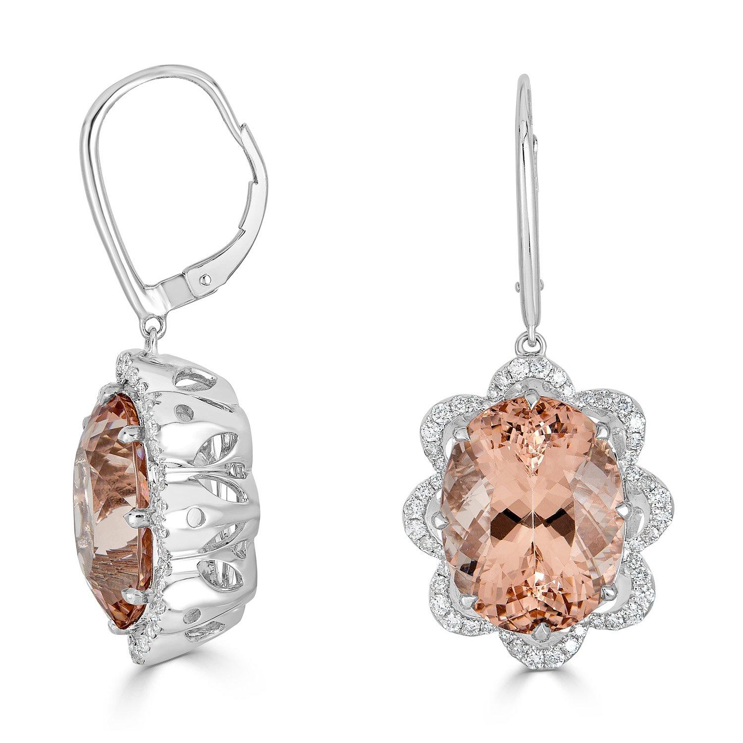 This pair of earrings is really stylish with 14k two-tone gold and embodies a pretty look. The oval cut Morganite along with round Diamonds will brighten your style like magic.

23.28 tct Morganite (2pcs)
0.81tct Diamond Accents
14K White and Rose