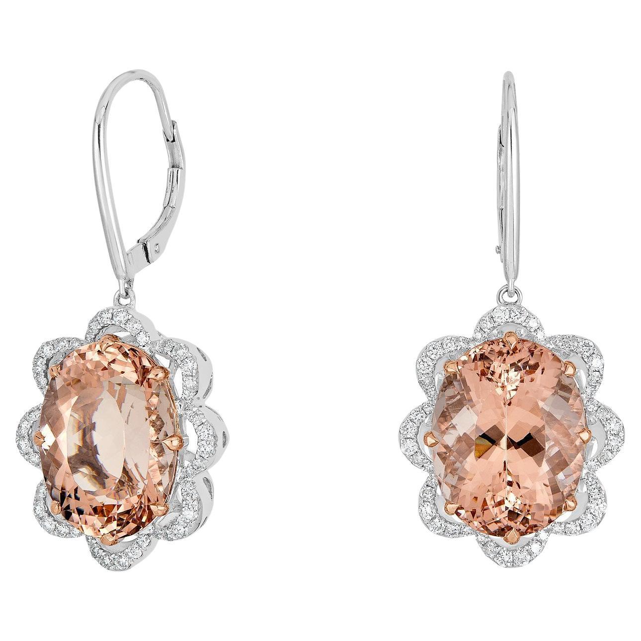 GEM BLEU 23.28ct Morganite Earrings with 0.81tct Diamonds in 14K Two Tone Gold For Sale