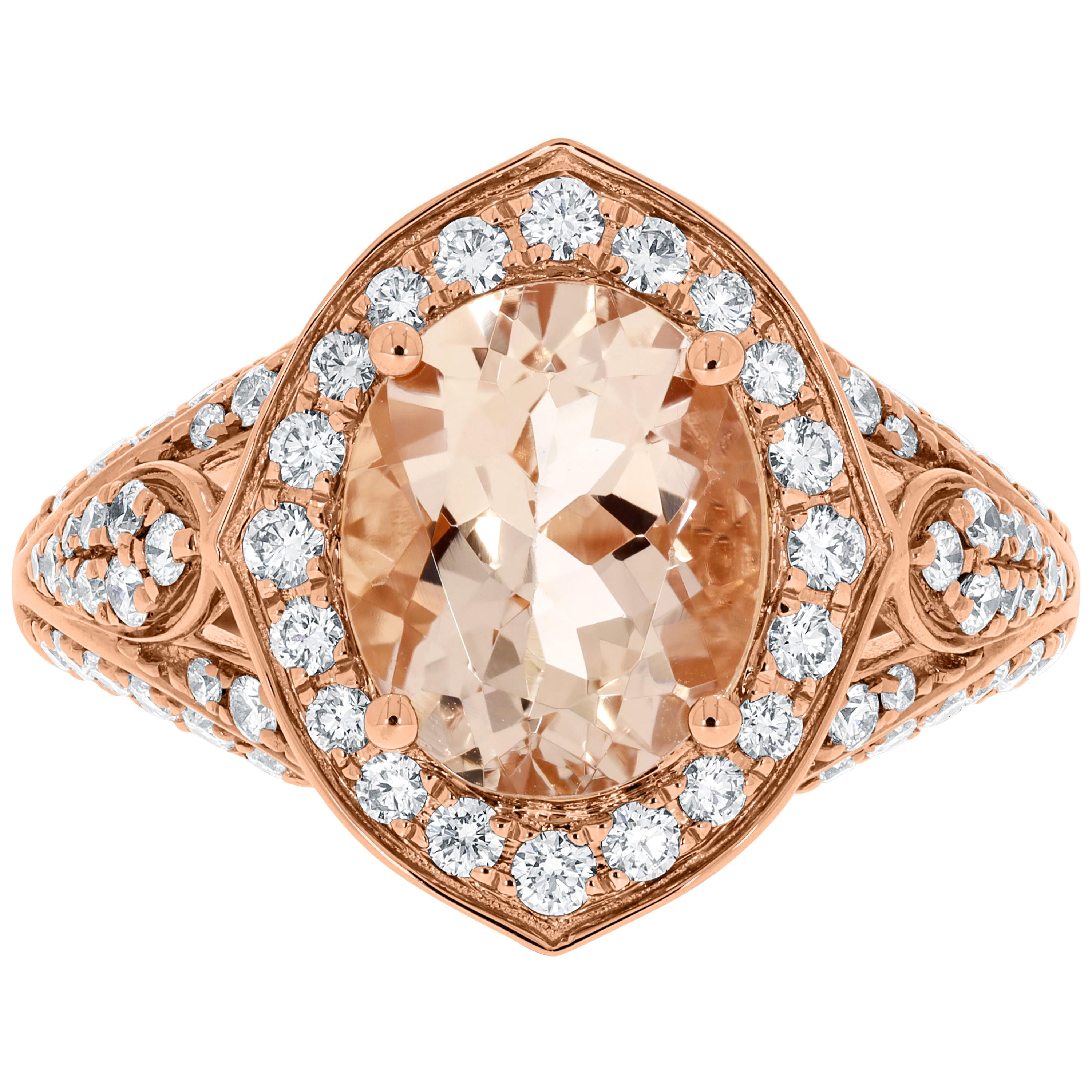 Gem Bleu 2.38 Carat Morganite Ring with 0.67 Tct Diamonds Set in 14K Rose Gold For Sale