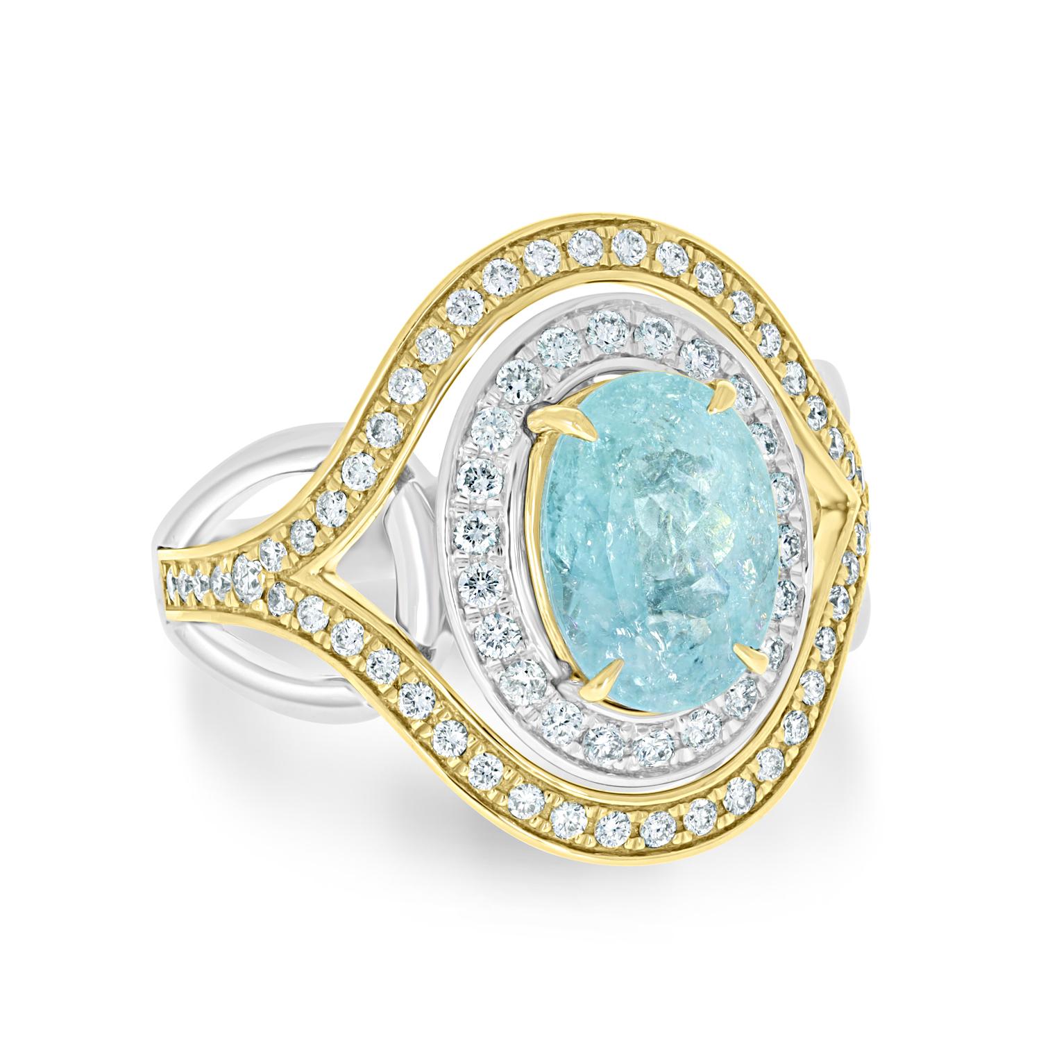 Oval Cut Gem Bleu 2.54ct Paraiba Tourmaline Ring with 0.59ct Diamond in 18K Two-Tone Gold For Sale