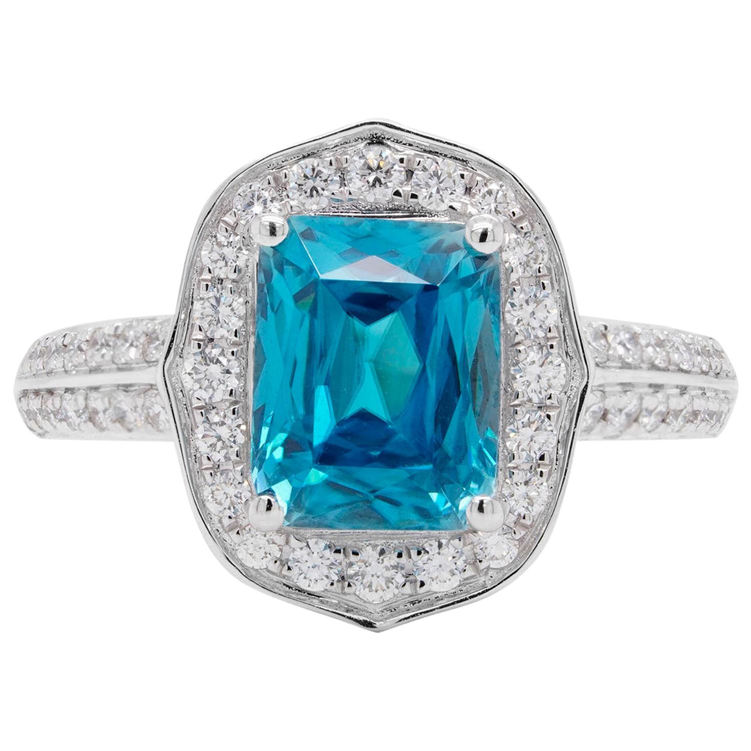 Gem Bleu Blue Zircon 4.08 Carat Emerald Cut Ring
