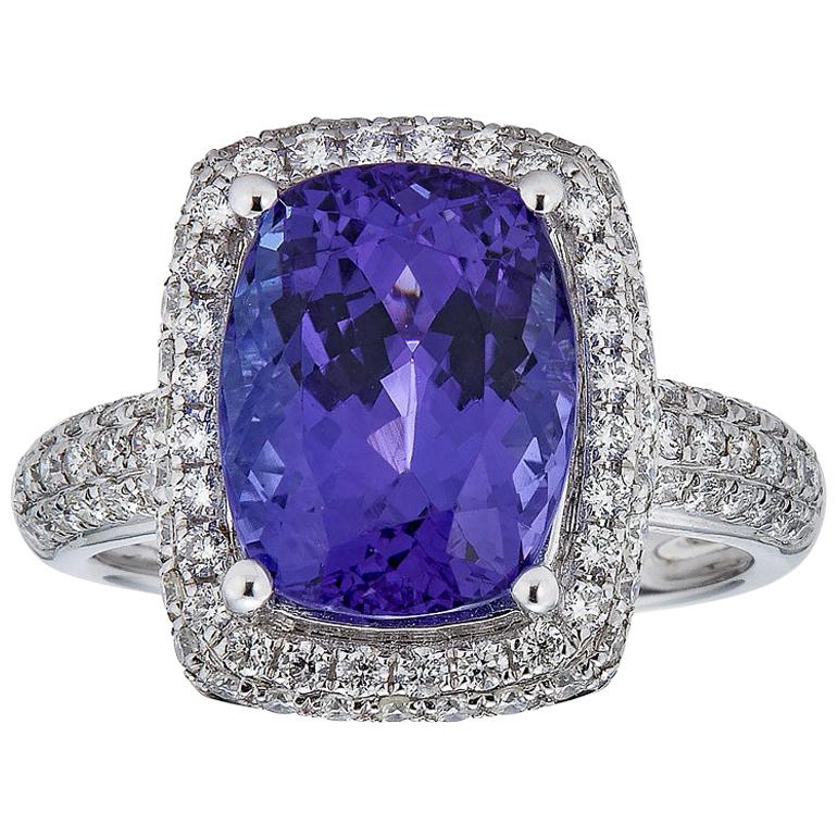 Gem Bleu Cushion Cut 5.26 Carat Tanzanite Ring with 0.87 Carat Diamond Halo Ring For Sale
