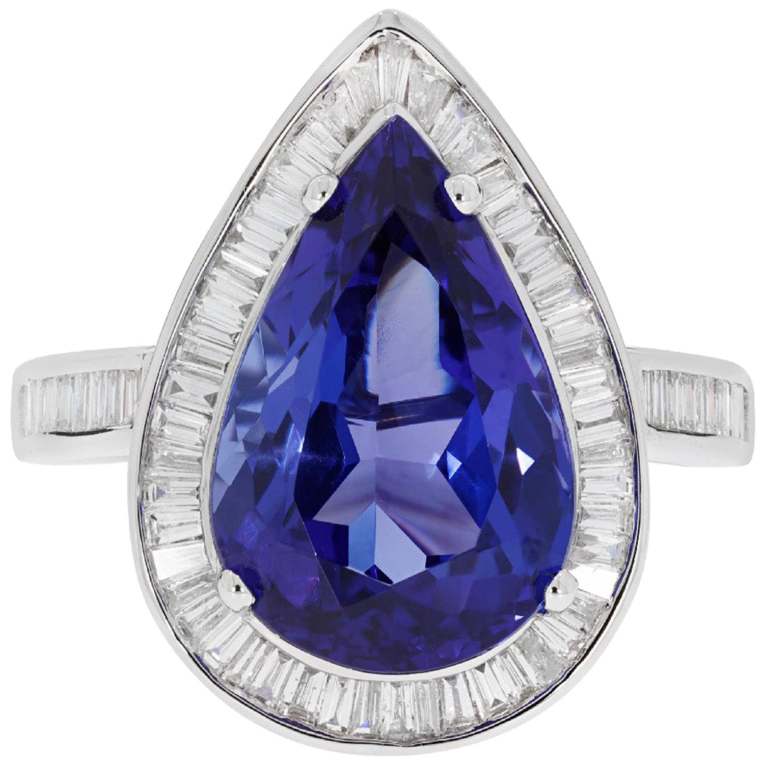 Gem Bleu Tanzanite GIA Certified 6.83 Carat Pear Shape Ring