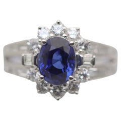 Bague en platine avec saphir bleu et diamant de pierre précieuse