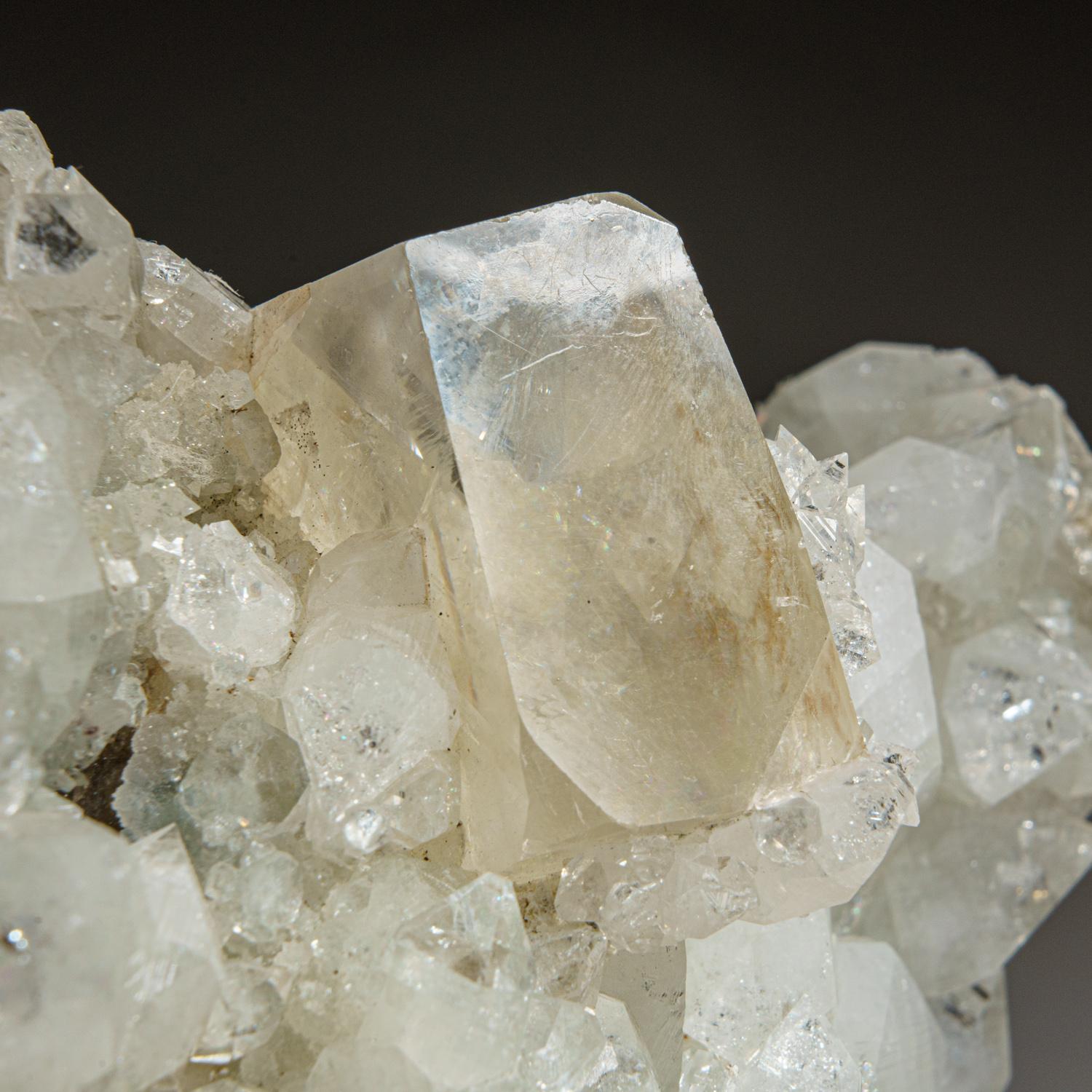 From Nasik District, Maharashtra, India

Large translucent twinned crystals of calcite on translucent to transparent apophyllite crystal cluster matrix in wheat sheave aggregates. The calcite has rich golden color with sharp terminations and a waxy