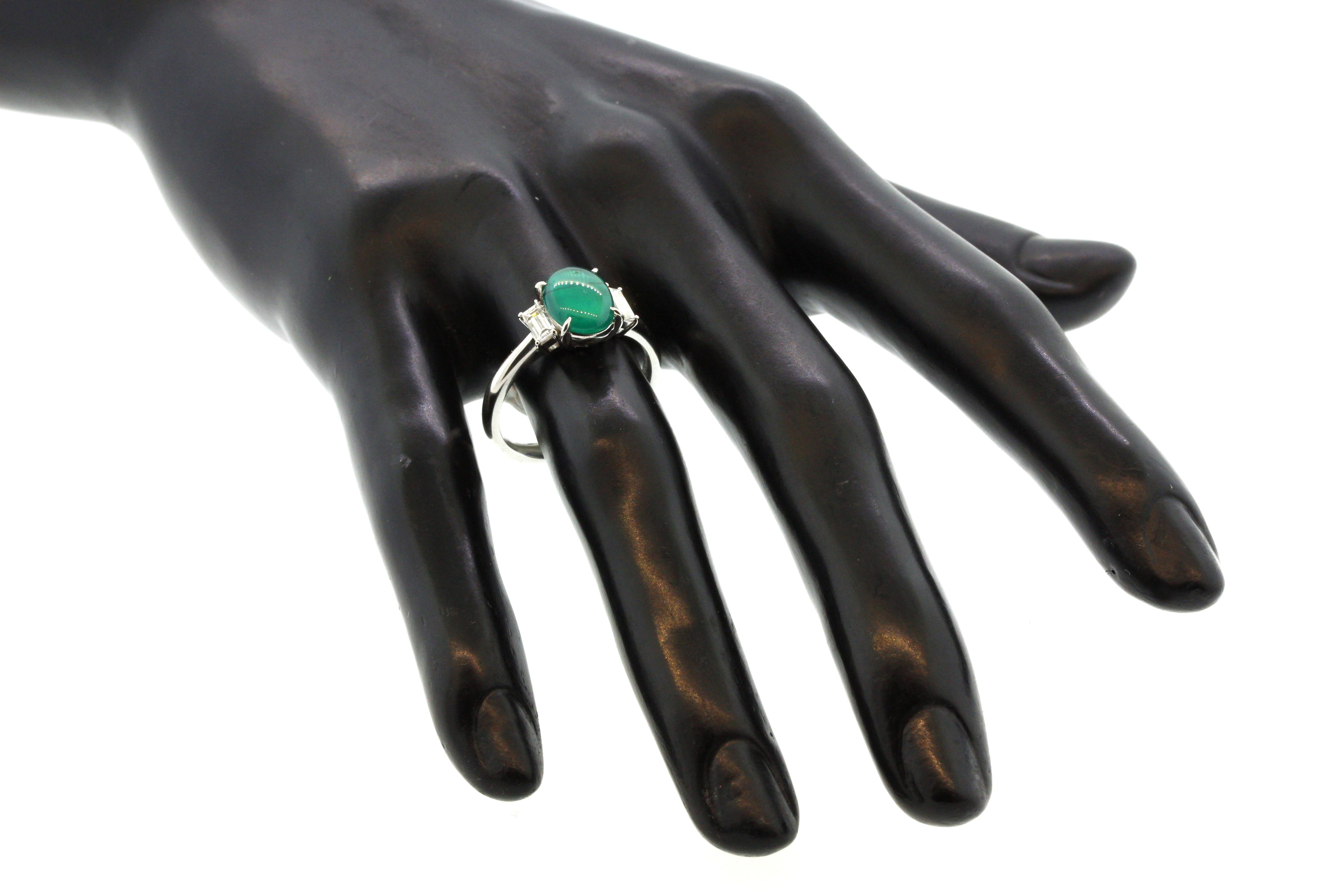 Cabochon Gem Cats Eye Emerald Diamond Platinum 3-Stone Ring For Sale