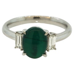 Gem Cats Eye Emerald Diamond Platinum 3-Stone Ring