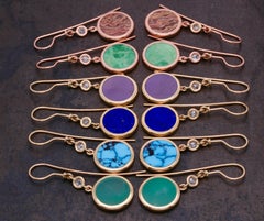Gem Circle Inlay, Rose Cut Diamonds, 14k Gold Earrings Turquoise, Lapis, Larimar
