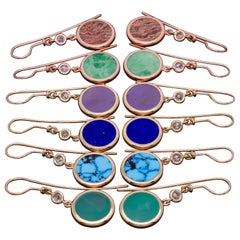 Gem Circle Inlay, Rose Cut Diamonds, 14k Gold Earrings Turquoise, Lapis, Larimar