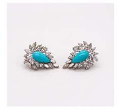 Gem Cluster Clips Earrings in Platinum with 25.11 Cts in Diamonds and Turquoises