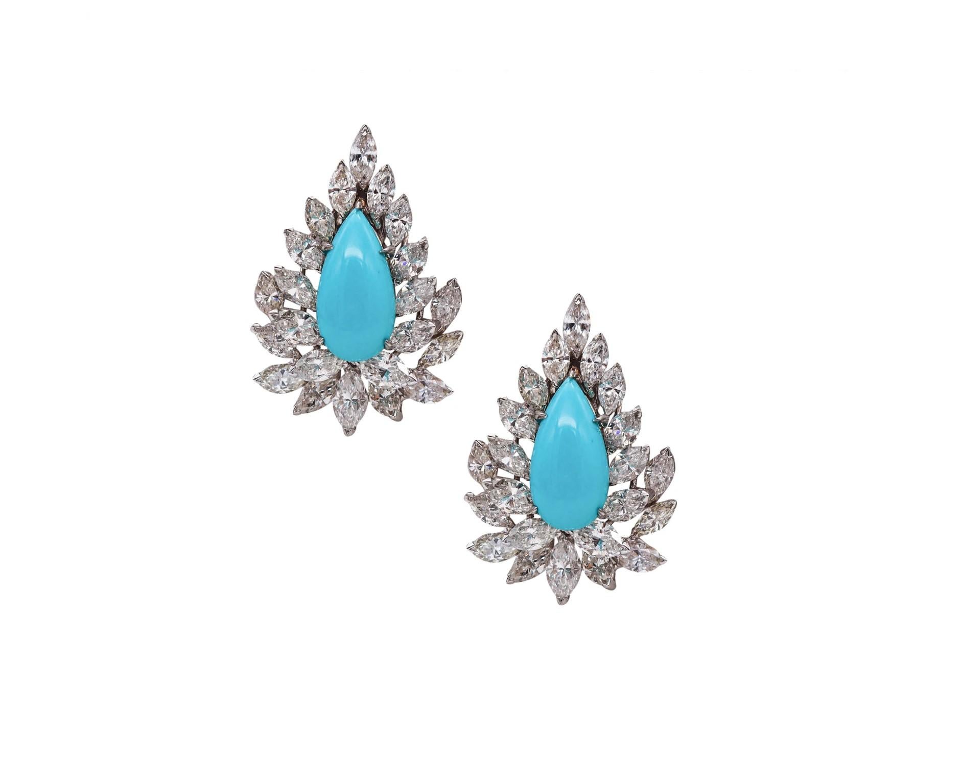 Women's Gem Cluster Clips Earrings in Platinum with 25.11 Cts in Diamonds and Turquoises For Sale