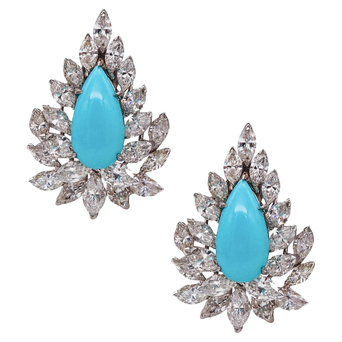 Gem Cluster Clips Earrings in Platinum with 25.11 Cts in Diamonds and Turquoises For Sale
