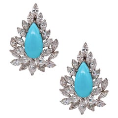 Clips d'oreilles à grappe de pierres précieuses en platine avec 25,11 carats de diamants et de turquoises