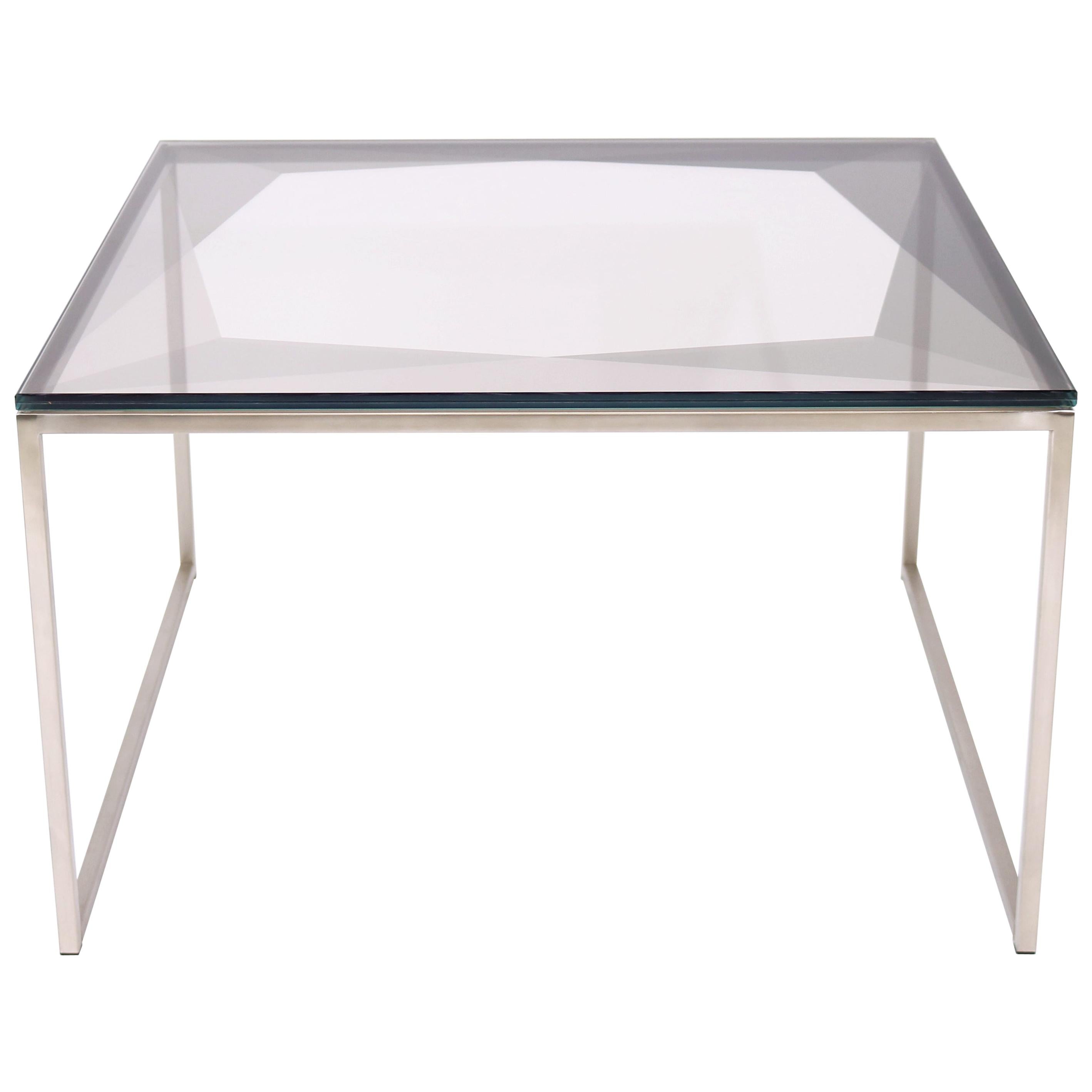 Table basse Gem en verre gris avec base en nickel par Debra Folz en vente