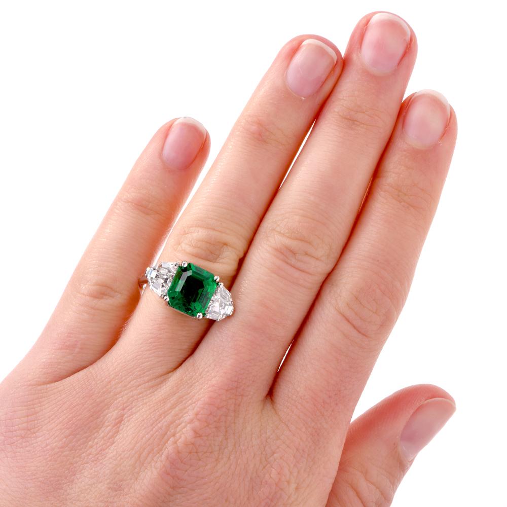Women's Gem Colombian Emerald Platinum Three-Stone Ring