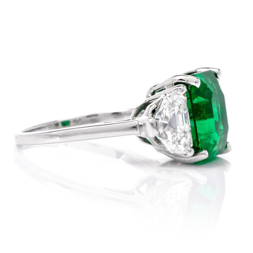 Gem Colombian Emerald Platinum Three-Stone Ring 1