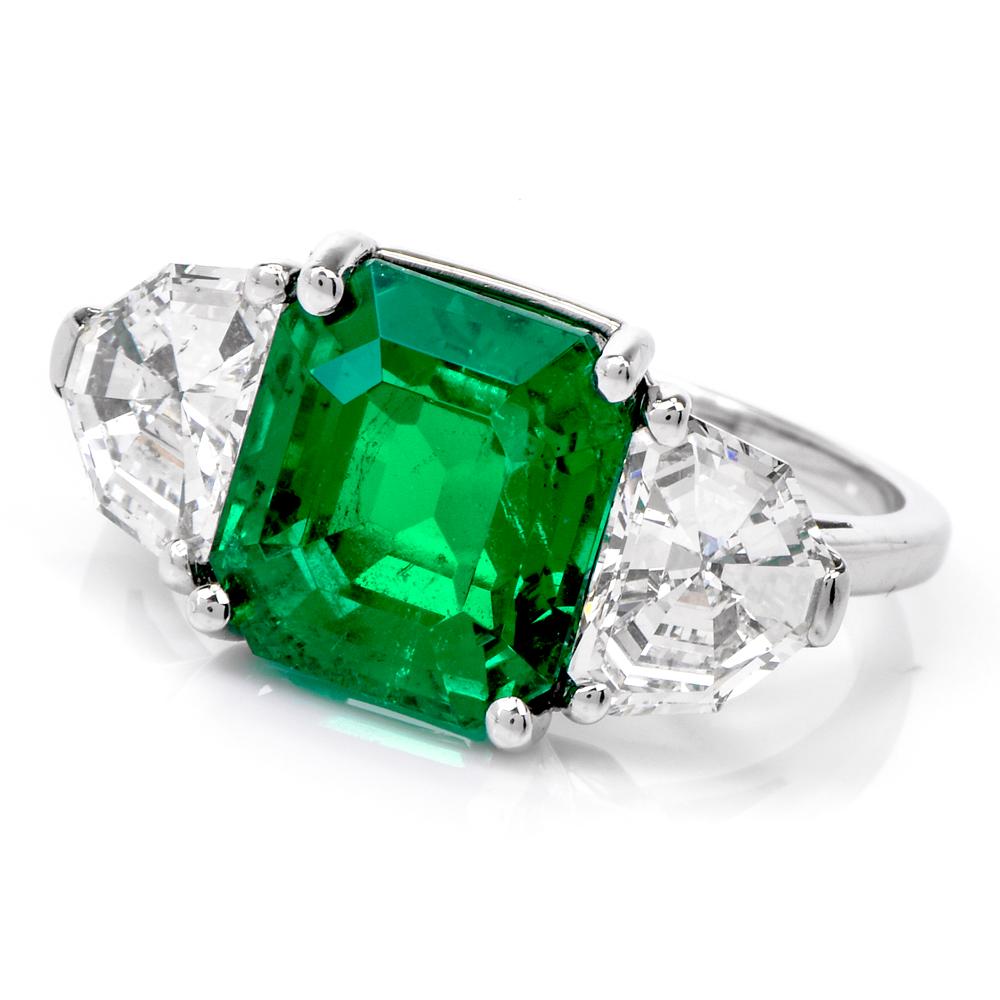 Gem Colombian Emerald Platinum Three-Stone Ring 3