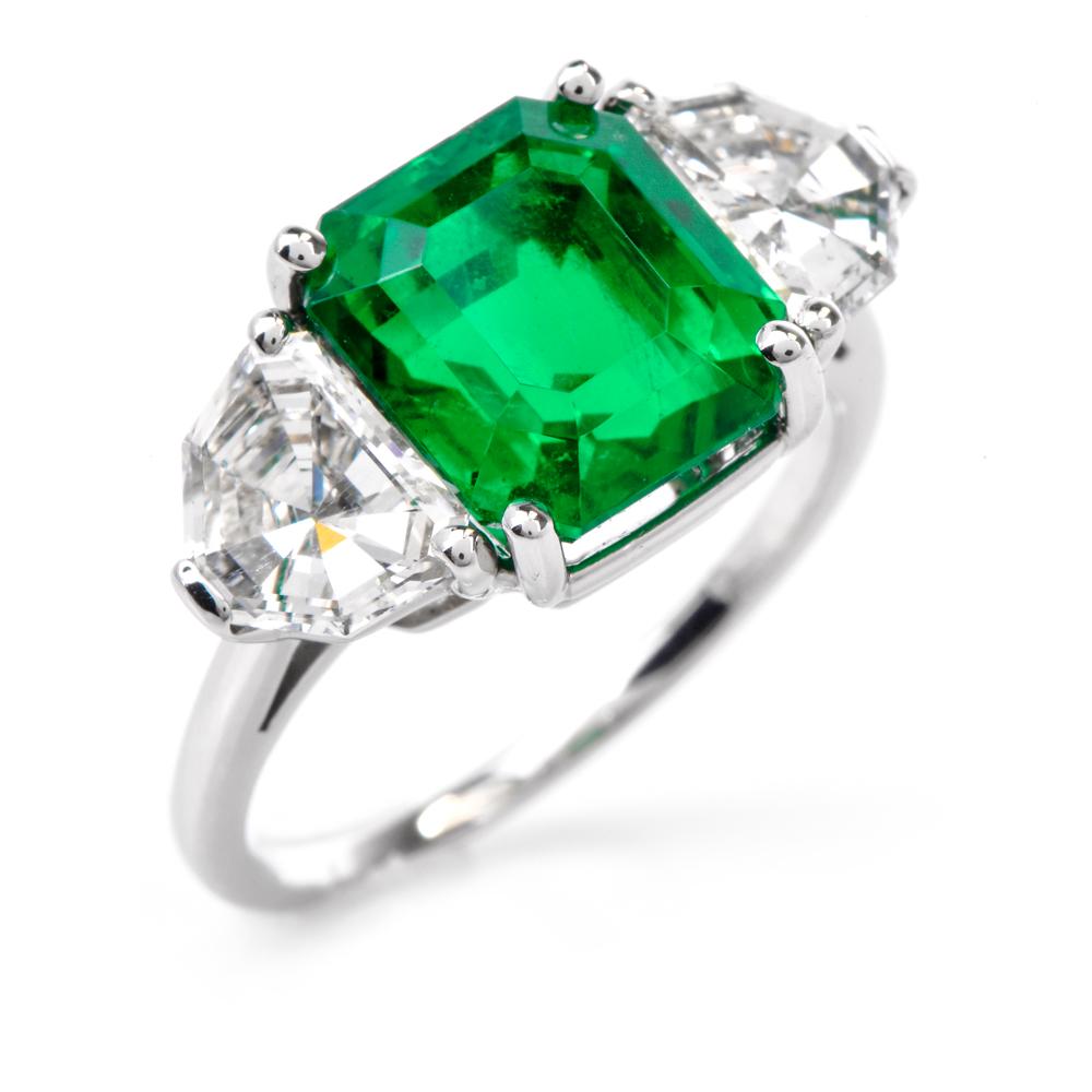 Gem Colombian Emerald Platinum Three-Stone Ring 4