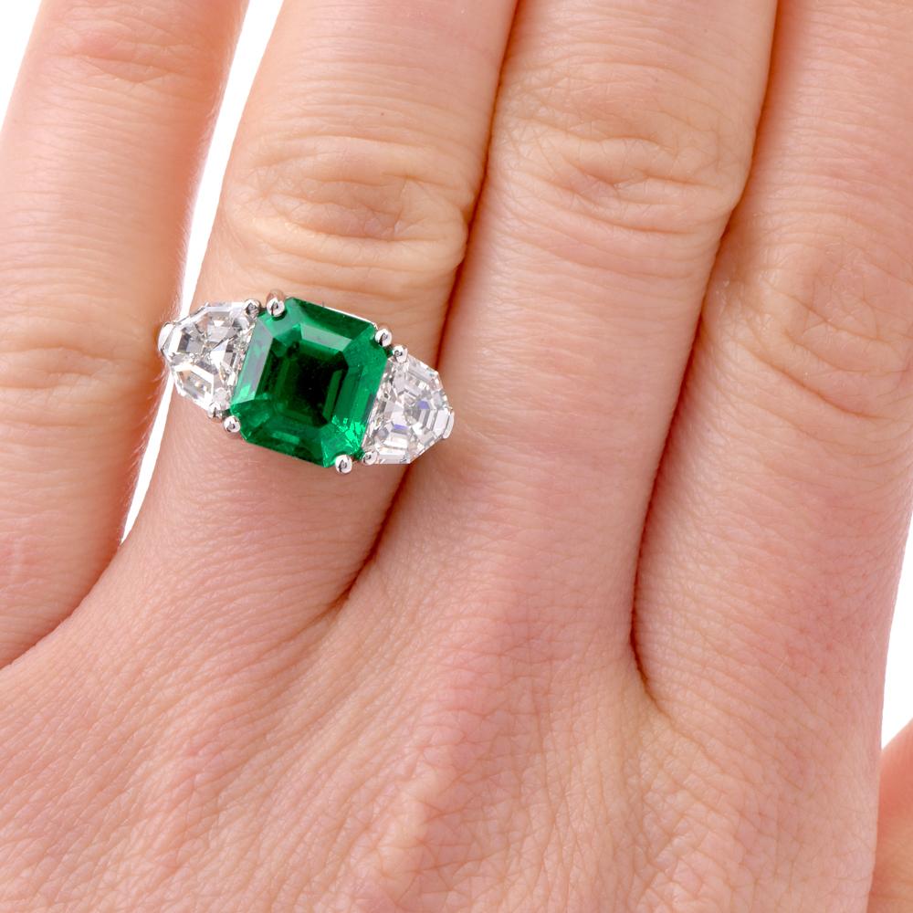 Gem Colombian Emerald Platinum Three-Stone Ring 5