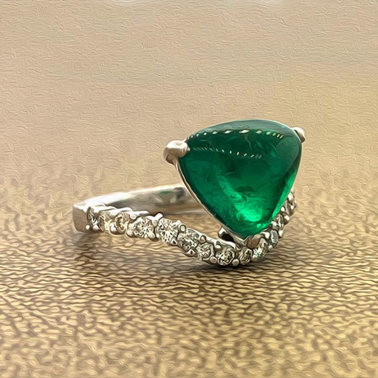 Trillion Cut Gem Columbian Emerald Diamond Platinum Ring, AGL Certified