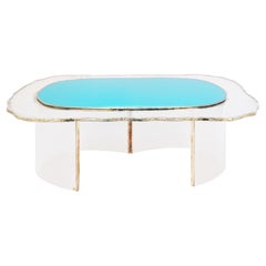 Gem Contemporary Coffee Table Silvered Acqua Glass Surface and Transparent Legs