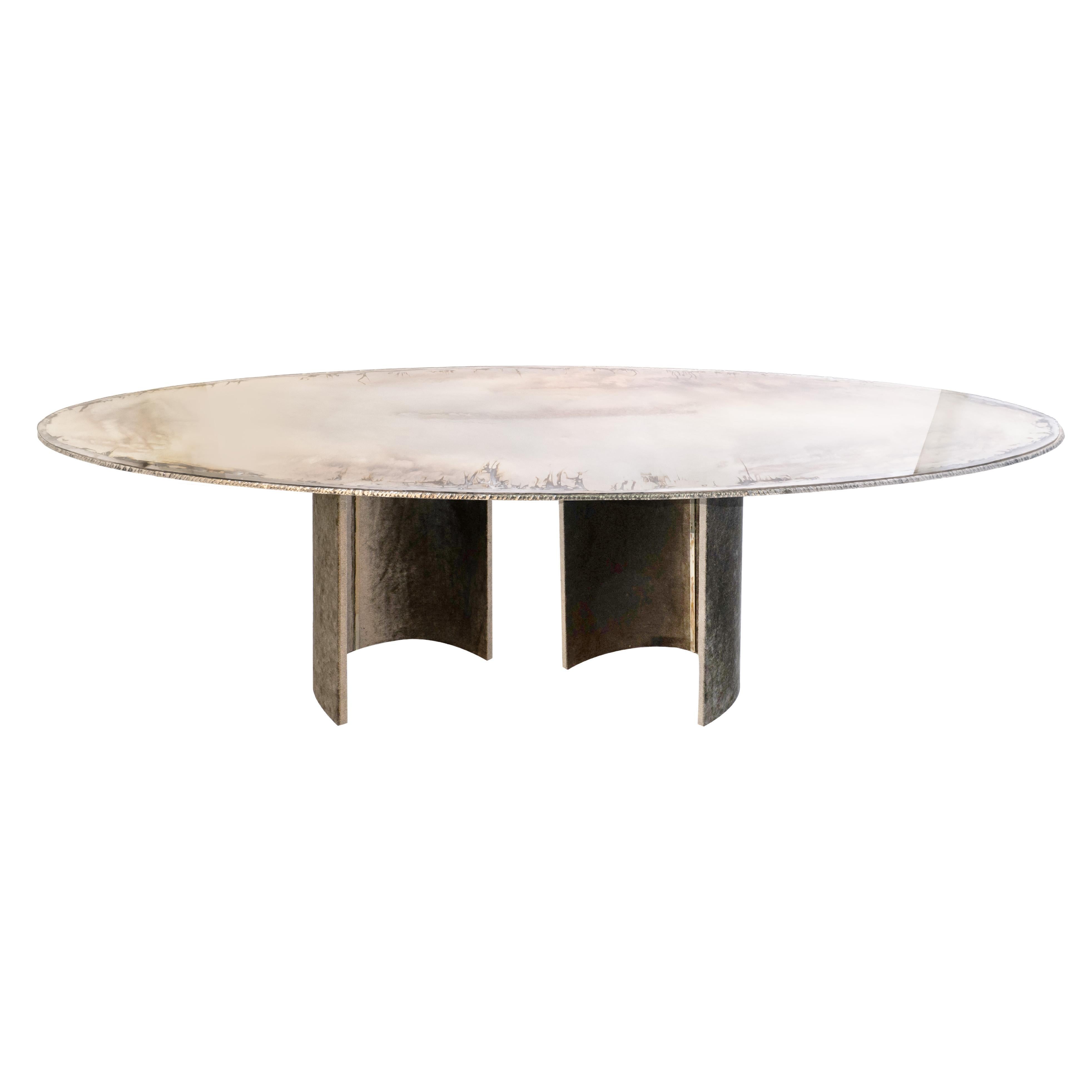 Gem, Contemporary Dining Table 280 Silvered Glass Top, Pair of "Gem" Velvet Legs