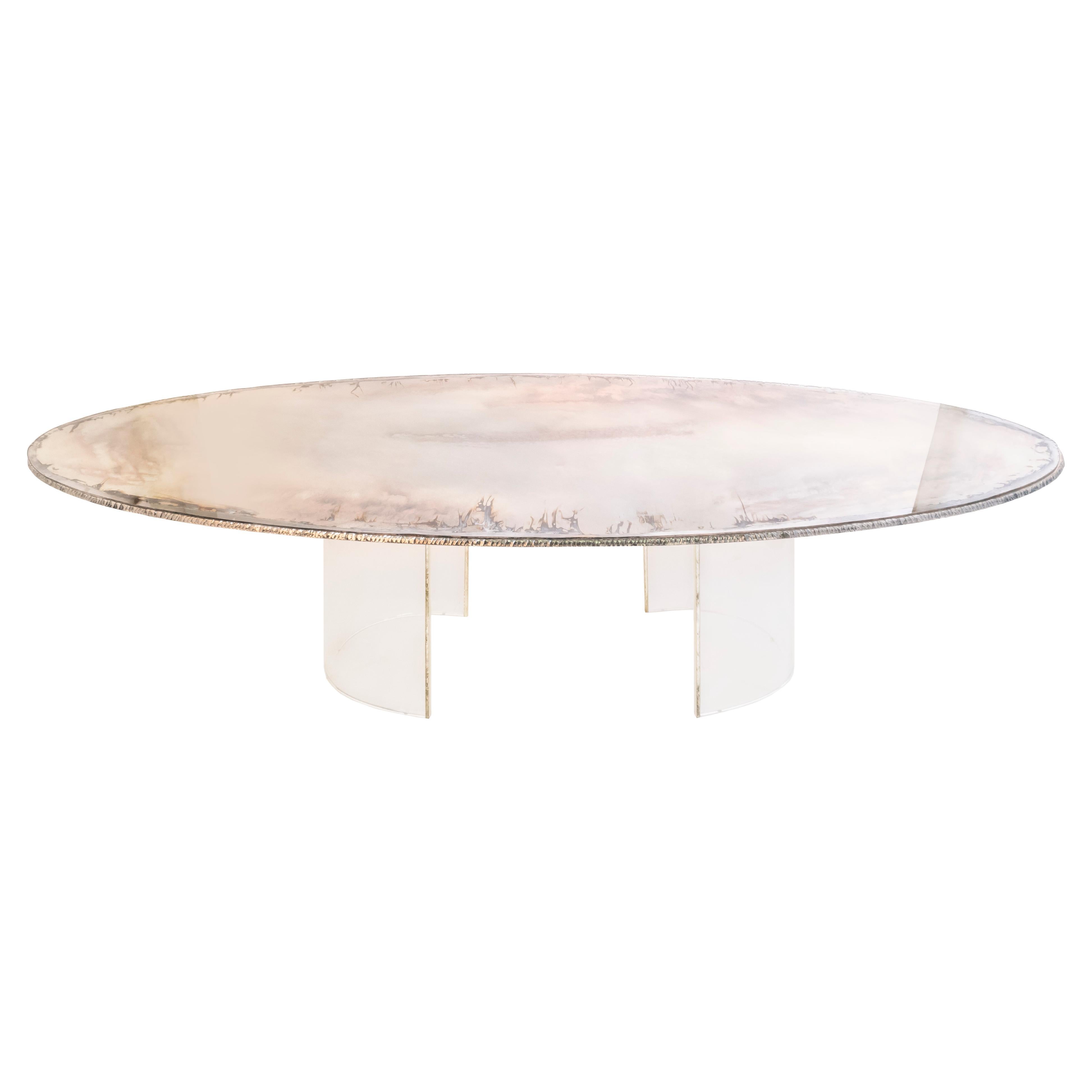 Gem, Contemporary Dining Table 200 Silvered Glass Top, Pair of "Gem" Plexy Legs