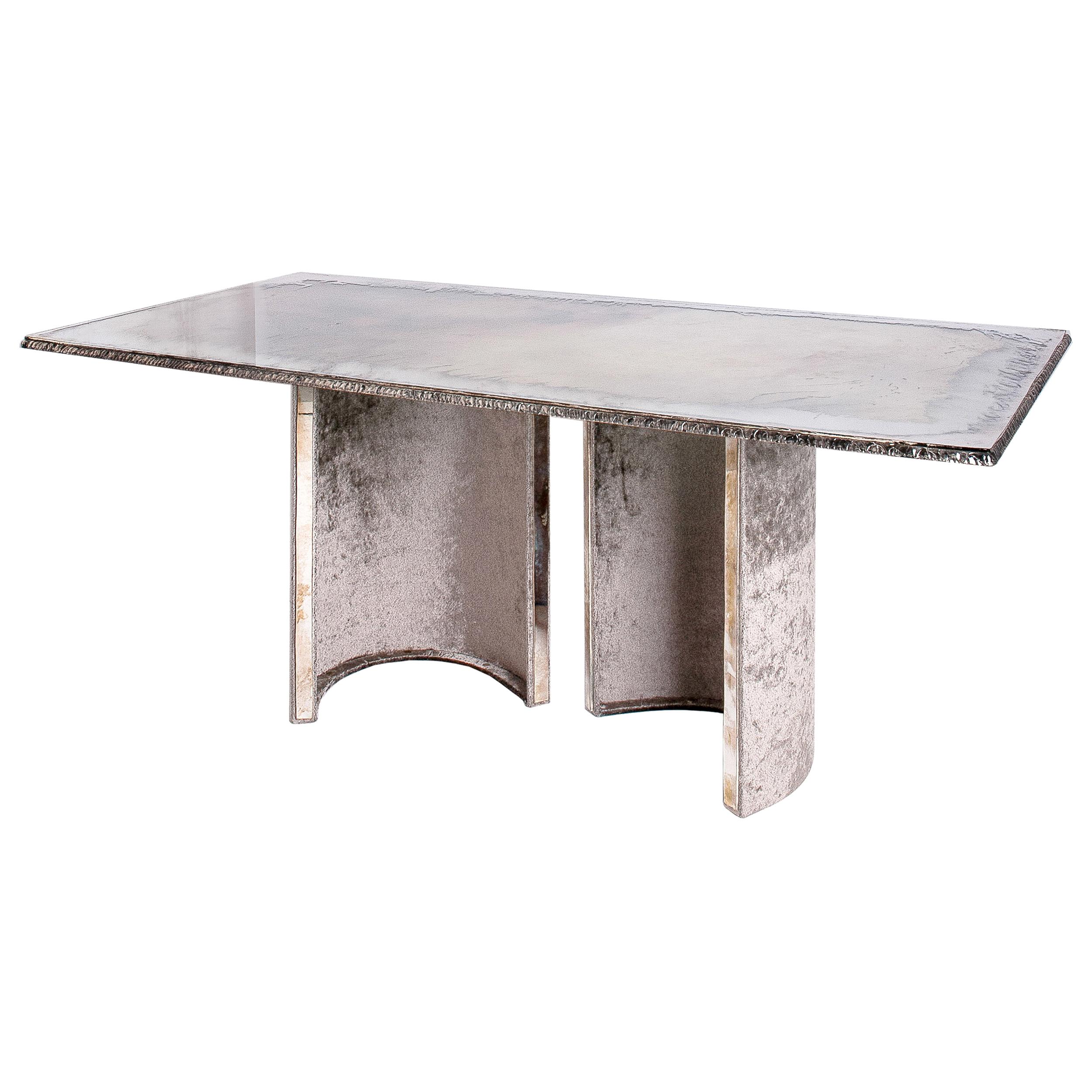 Table de salle à manger contemporaine pierre précieuse 280, plateau en verre argenté, paire de pieds en velours en vente 1