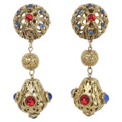 Retro Gem-Craft Filigree Dangle Clip On Earrings With Cabochons, C.1980