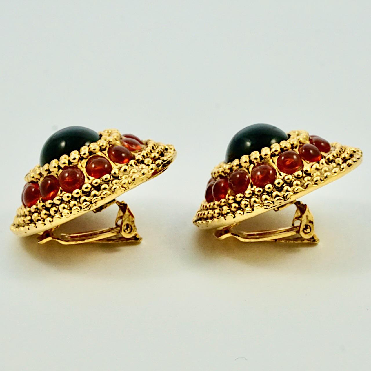 Women's or Men's Gem-Craft Gold Plated Clip On Earrings with Black and Burnt Orange Glass Stones For Sale