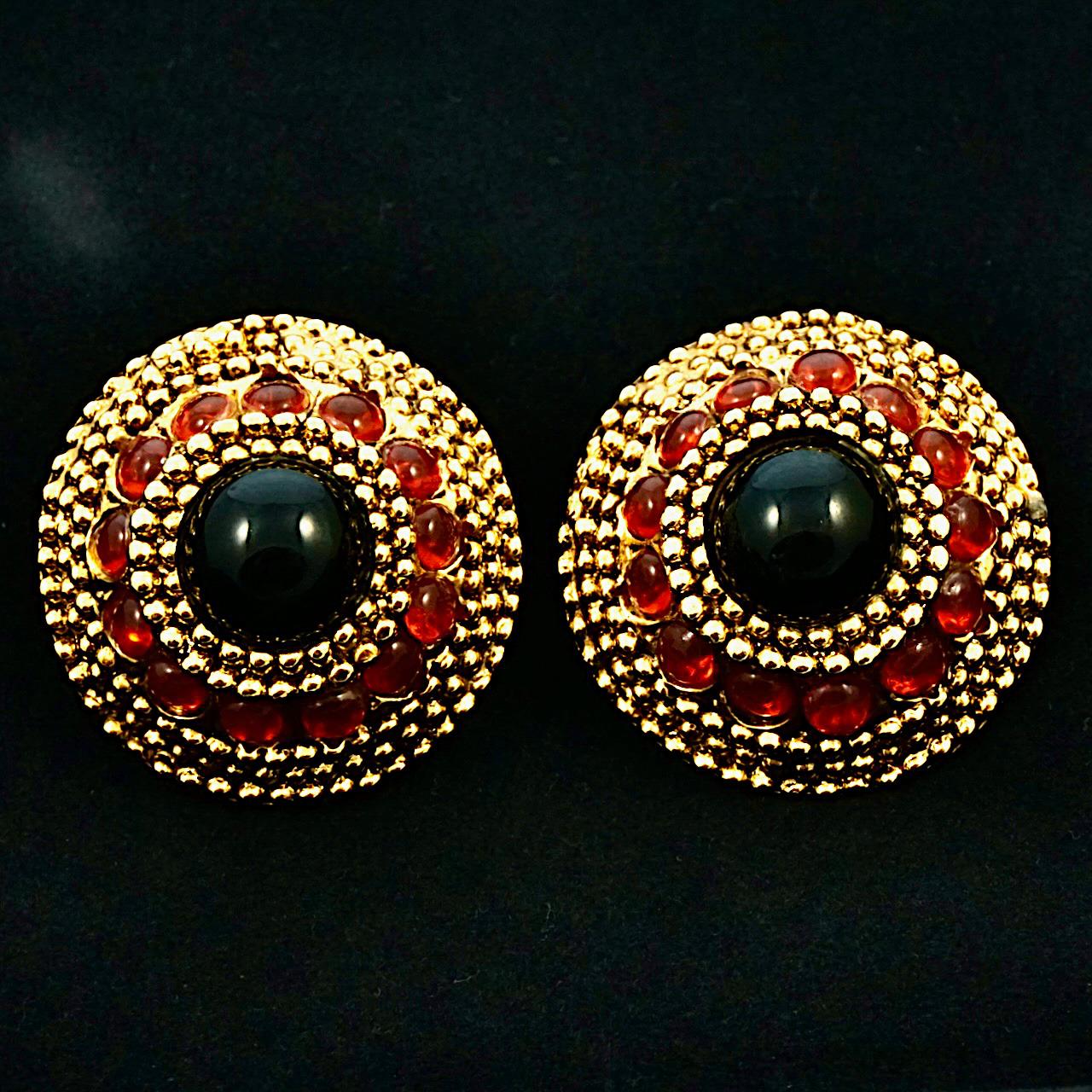 Gem-Craft Gold Plated Clip On Earrings with Black and Burnt Orange Glass Stones For Sale 1
