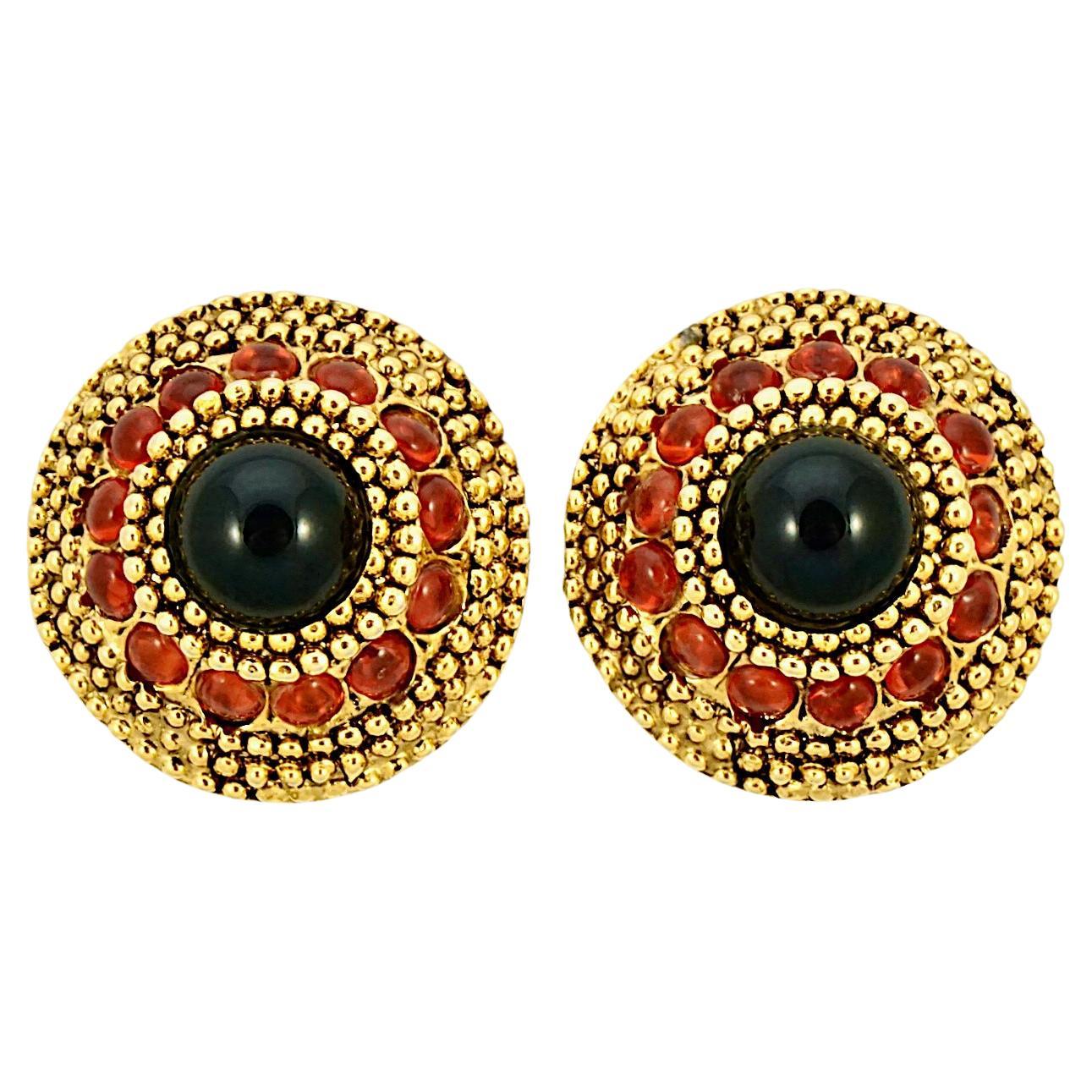Gem-Craft Gold Plated Clip On Earrings with Black and Burnt Orange Glass Stones For Sale