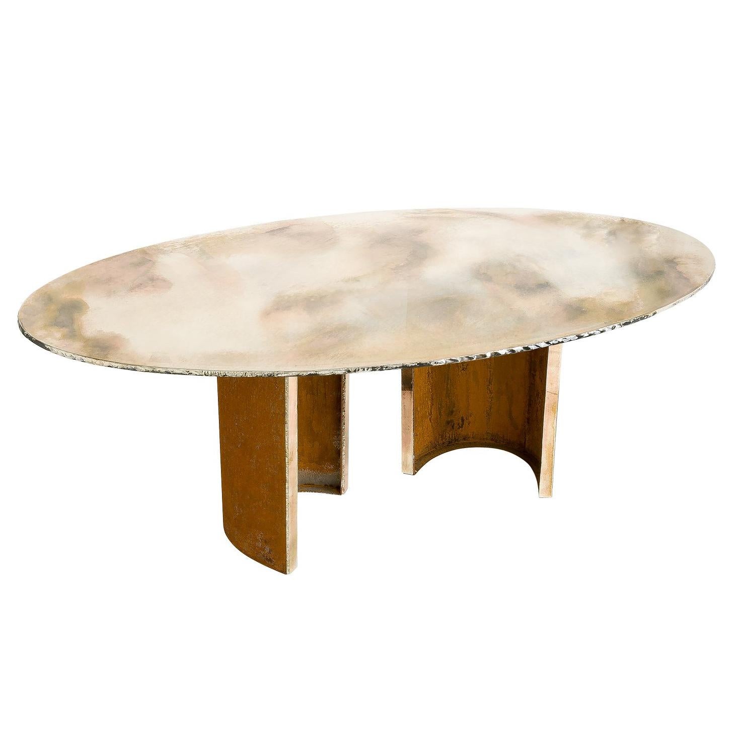 Gem, contemporary Dining Table, silvered Glass Top, pair of  "gem" legs