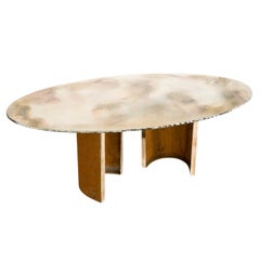 Gem, contemporary Dining Table 200 , silvered Glass Top, corten finish legs