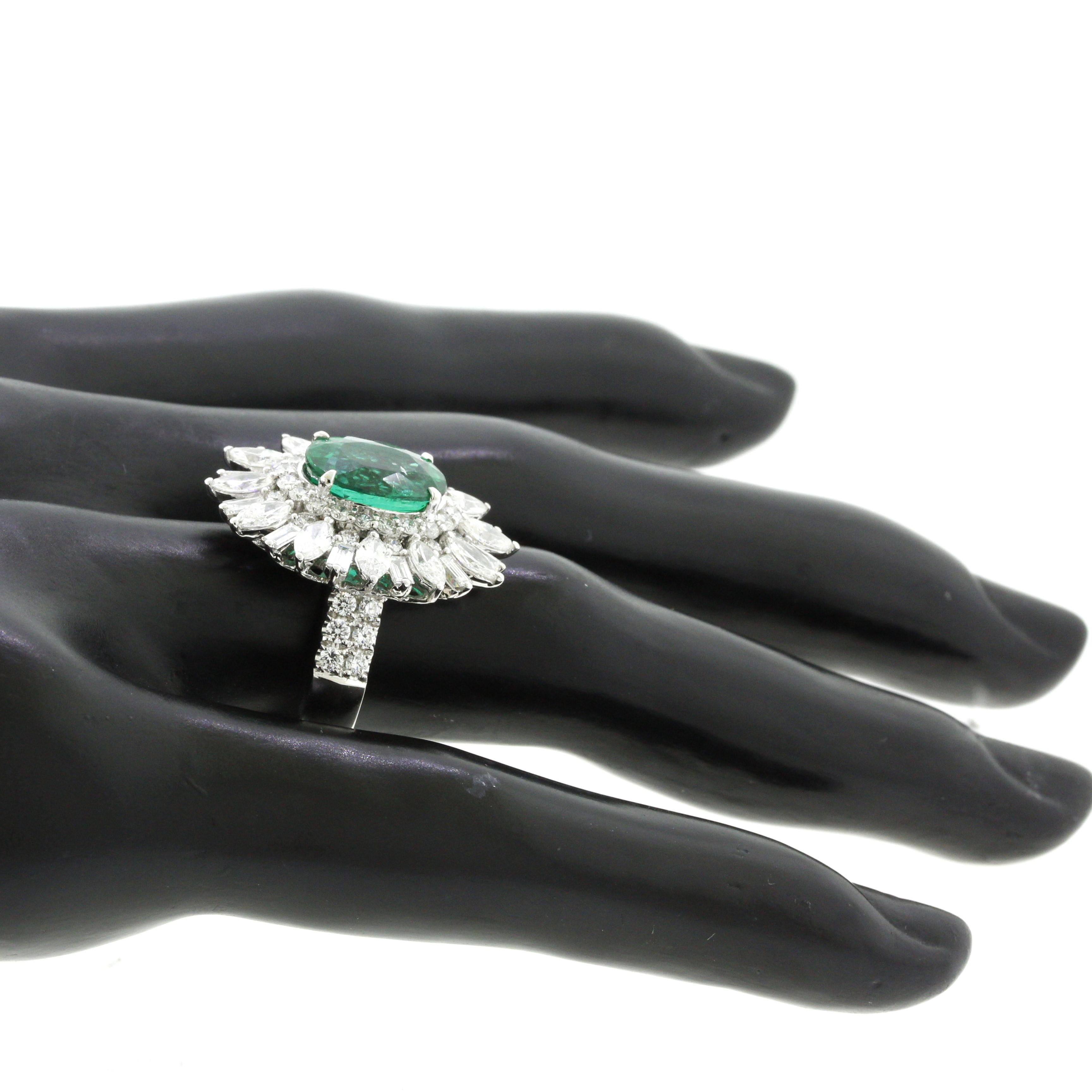 Oval Cut Gem Emerald Diamond Gold Sunburst Ring, AGL Certified