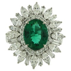 Gem Emerald Diamond Gold Sunburst Ring, AGL Certified