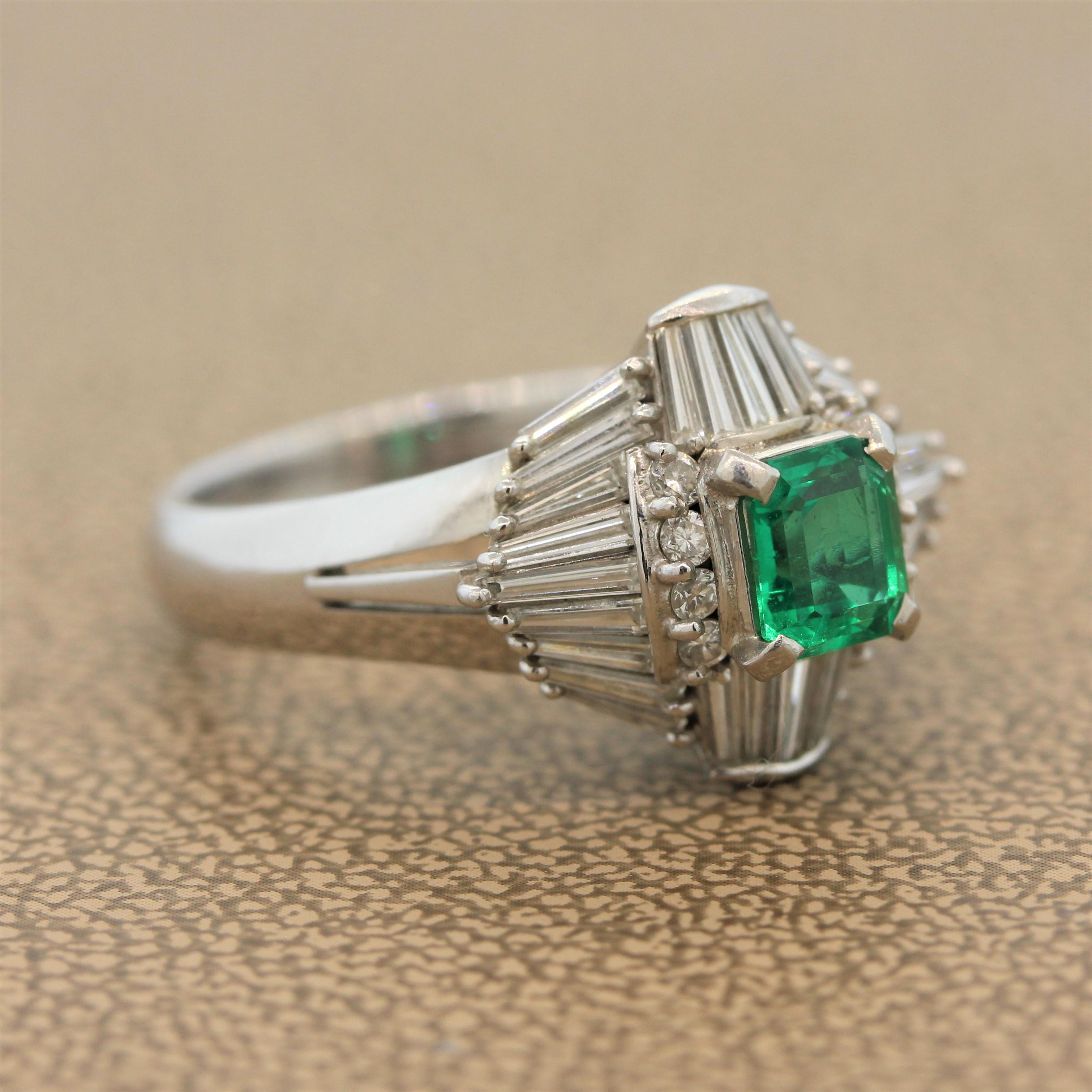 Emerald Cut Gem Emerald Diamond Platinum Ring For Sale