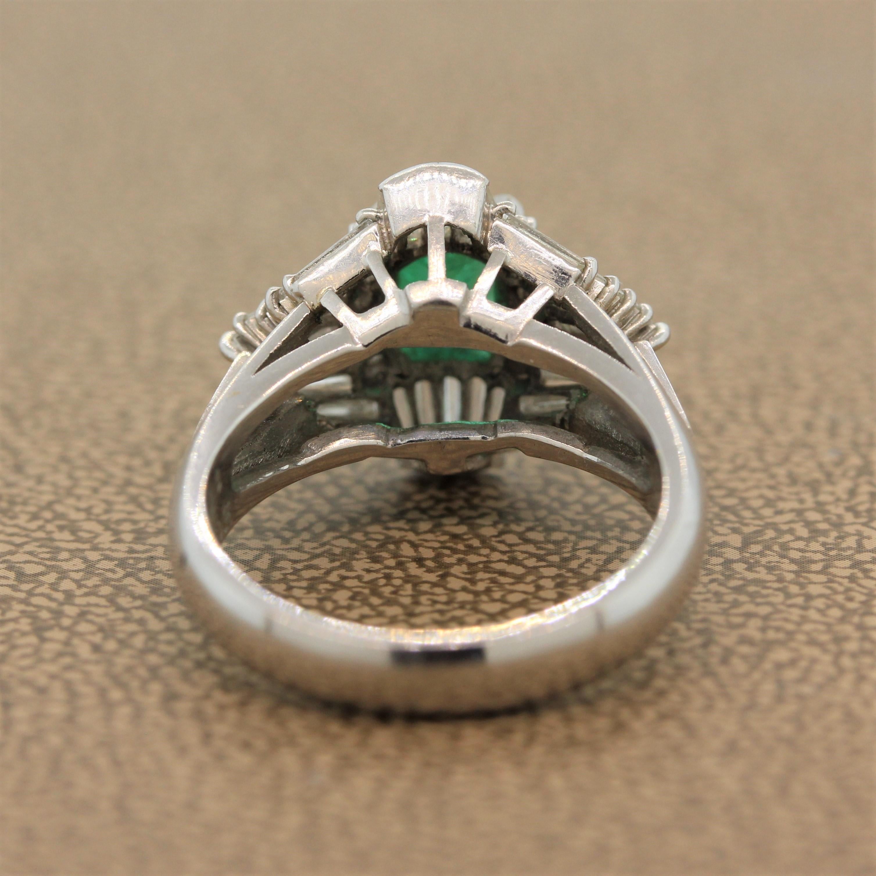 Women's Gem Emerald Diamond Platinum Ring For Sale