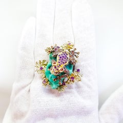 Gem Encrusted Frog Ring Sapphire Amethyst Turquoise Sterling & Gold